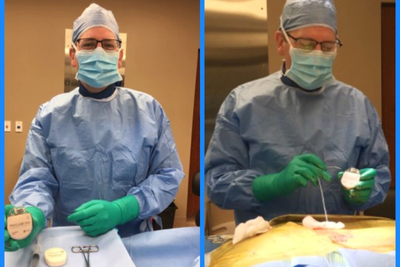 Dr. Andrew Will in full surgical gear posing with the proclaim spinal cord stimulator battery