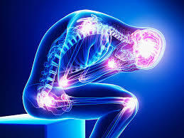 Illustrated x-ray image of a person bending forward and holding head in severe chronic pain