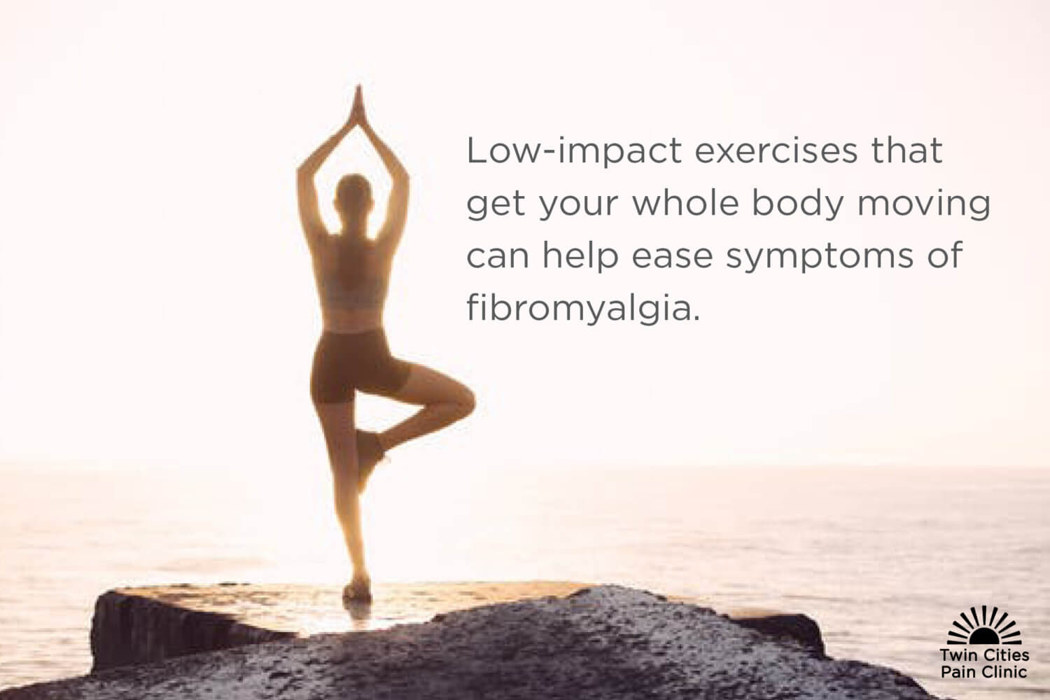 Fact about exercise and fibromyalgia next to silhouette of a woman doing yoga on a rock in front of sunrise 