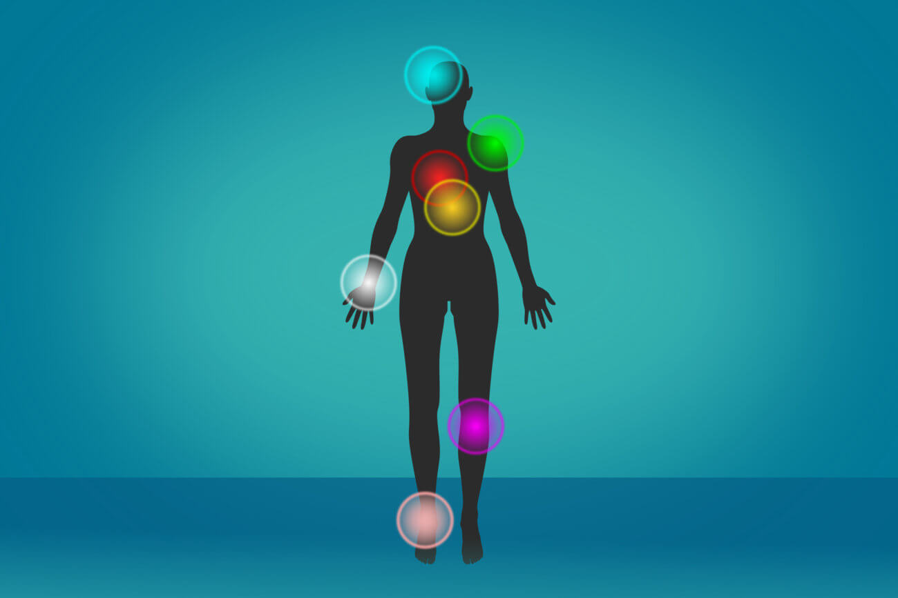 Animated graphic of human body with colorful shining dots across the body indicating pain points-fibromyalgia