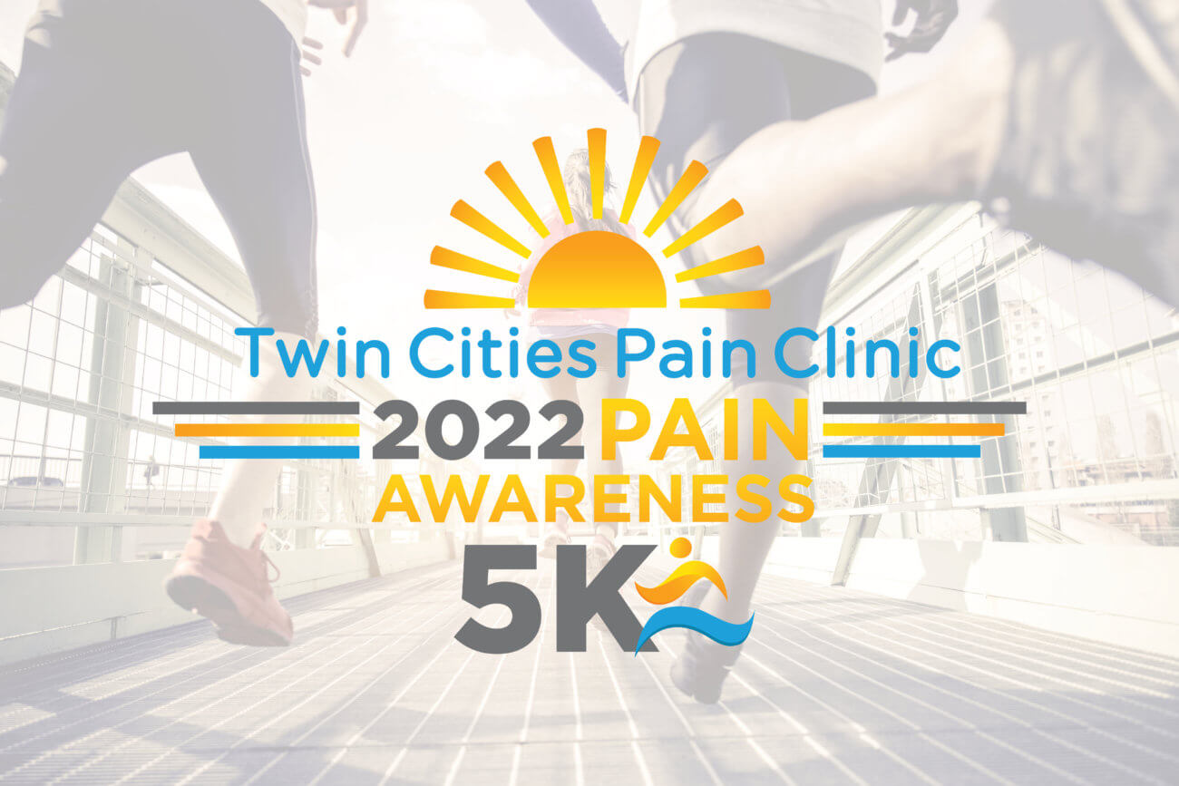 Blog banner-Twin Cities Pain Clinic 2022 Pain Awareness 5k logo in front of three people running across a bridge