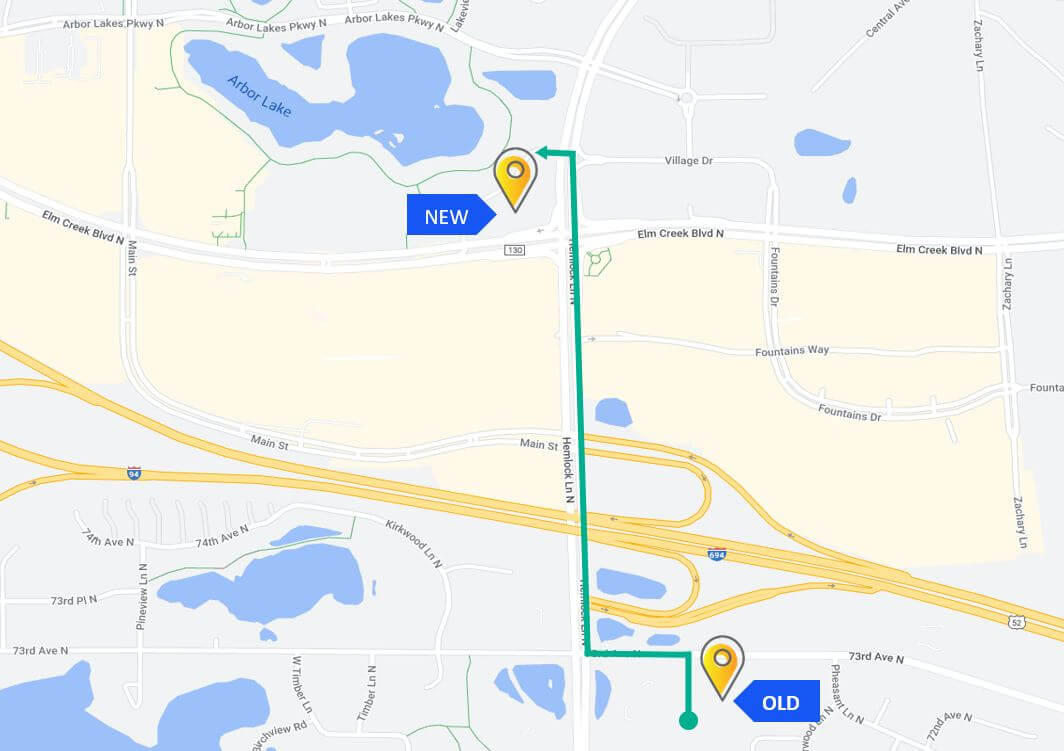 Map displaying directions from old Twin Cities Pain Clinic Maple Grove location to new clinic
