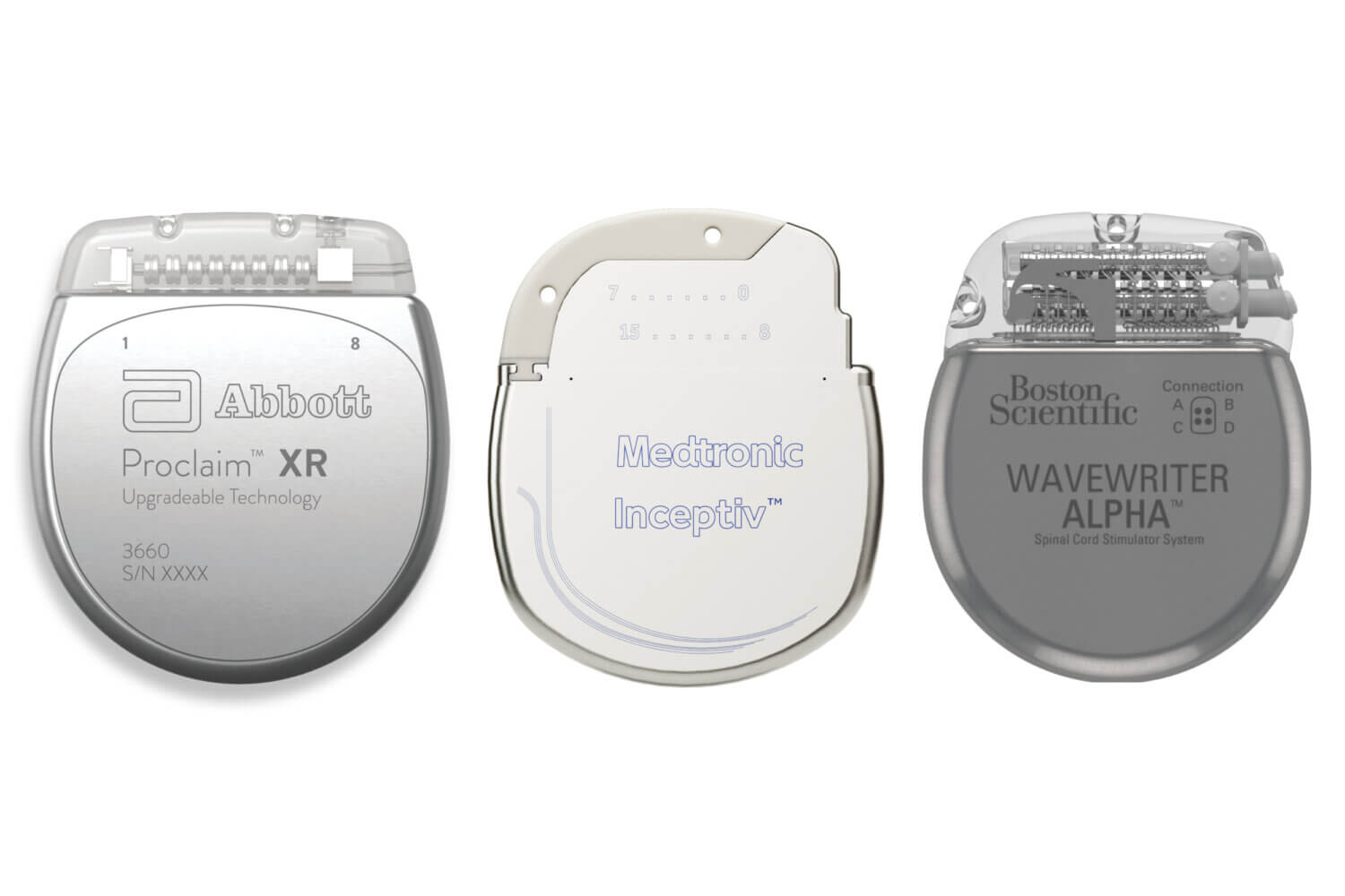 Lineup of spinal cord stimulator devices from Abbott, Medtronic, and Boston Scientific
