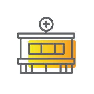 Illustrated clip art icon of a clinic building with orange accents