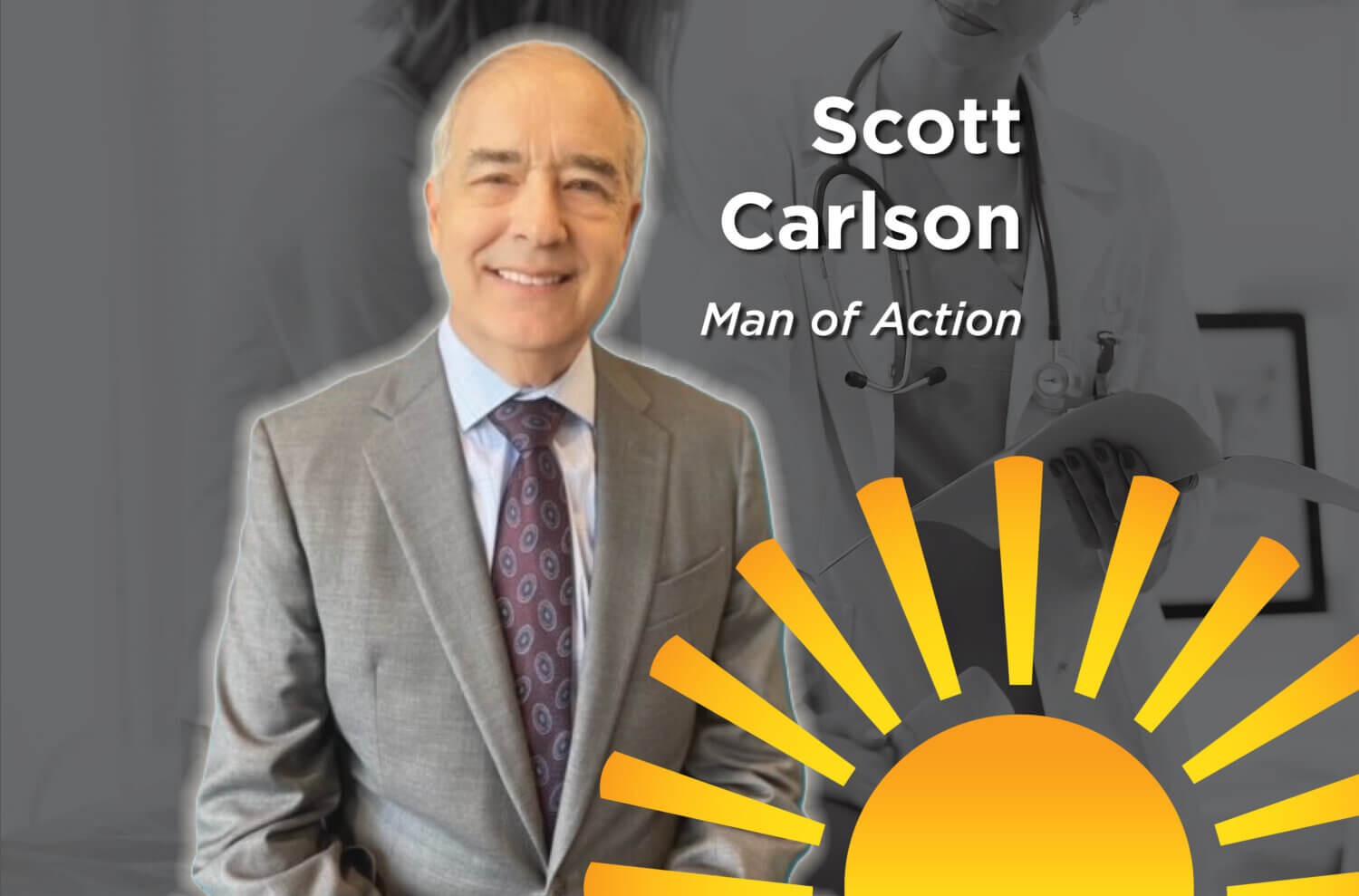 Twin Cities Pain Clinic patient Scott Carlson next to his name and an overlaid sun logo