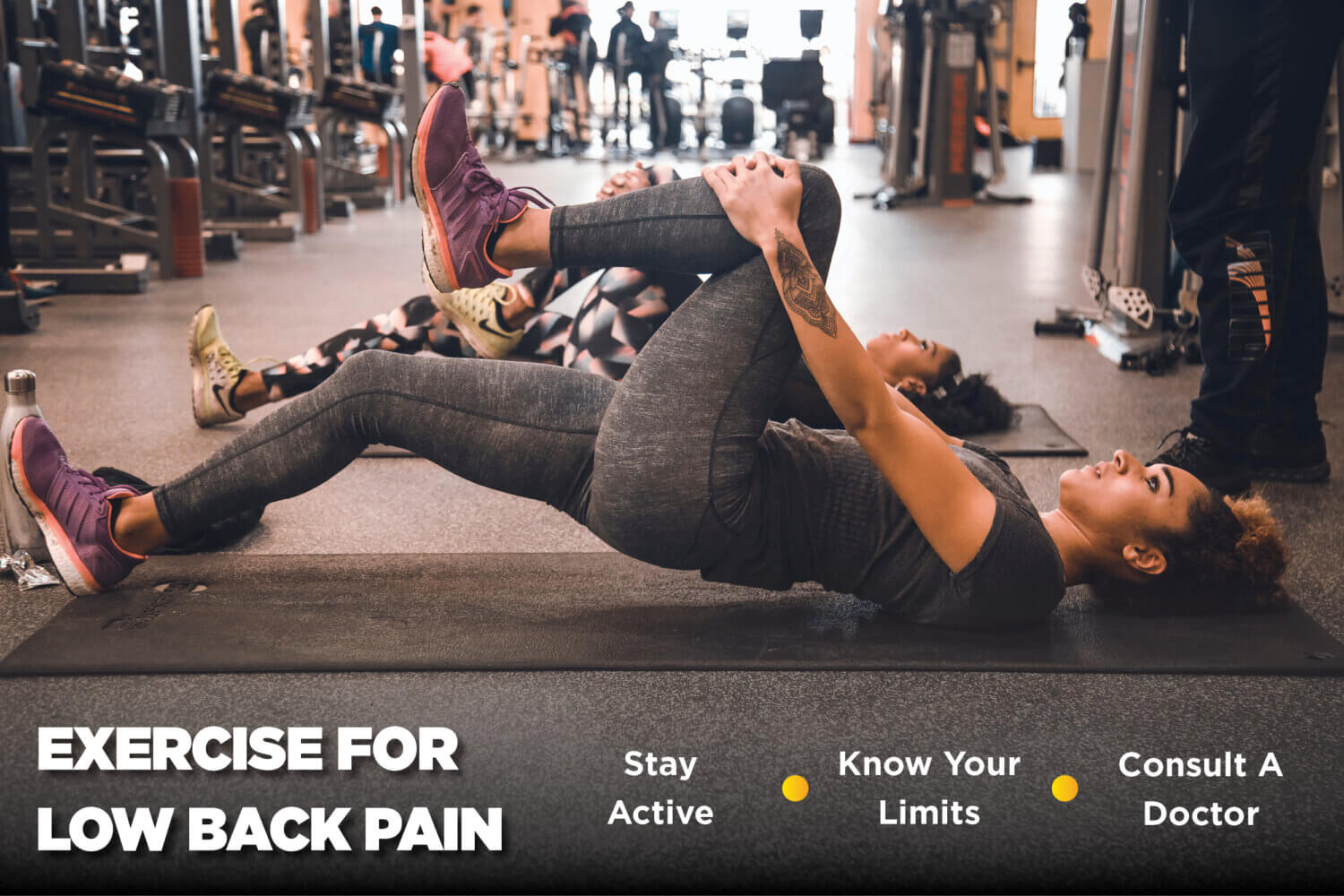 List of tips for exercising with low back pain beneath woman in workout gear doing stretches on the floor
