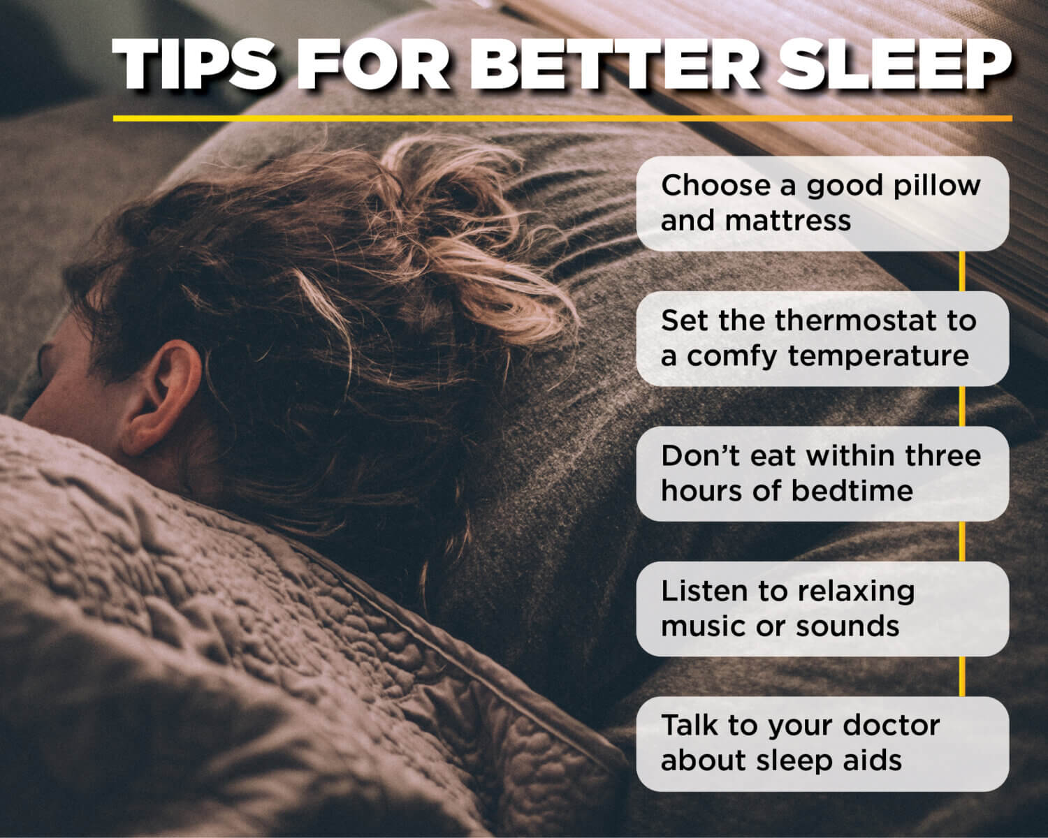List of tips for getting better sleep next tp woman peacefully sleeping