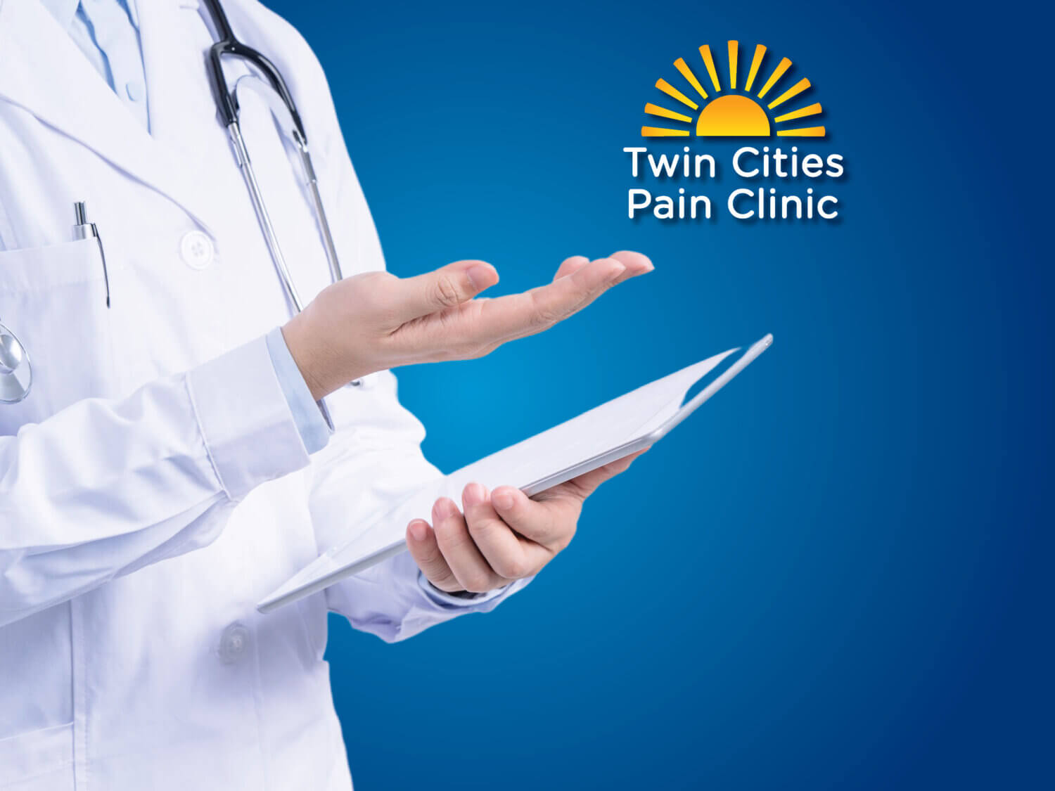 Torso of doctor in white coat gesturing to Twin Cities Pain Clinic logo