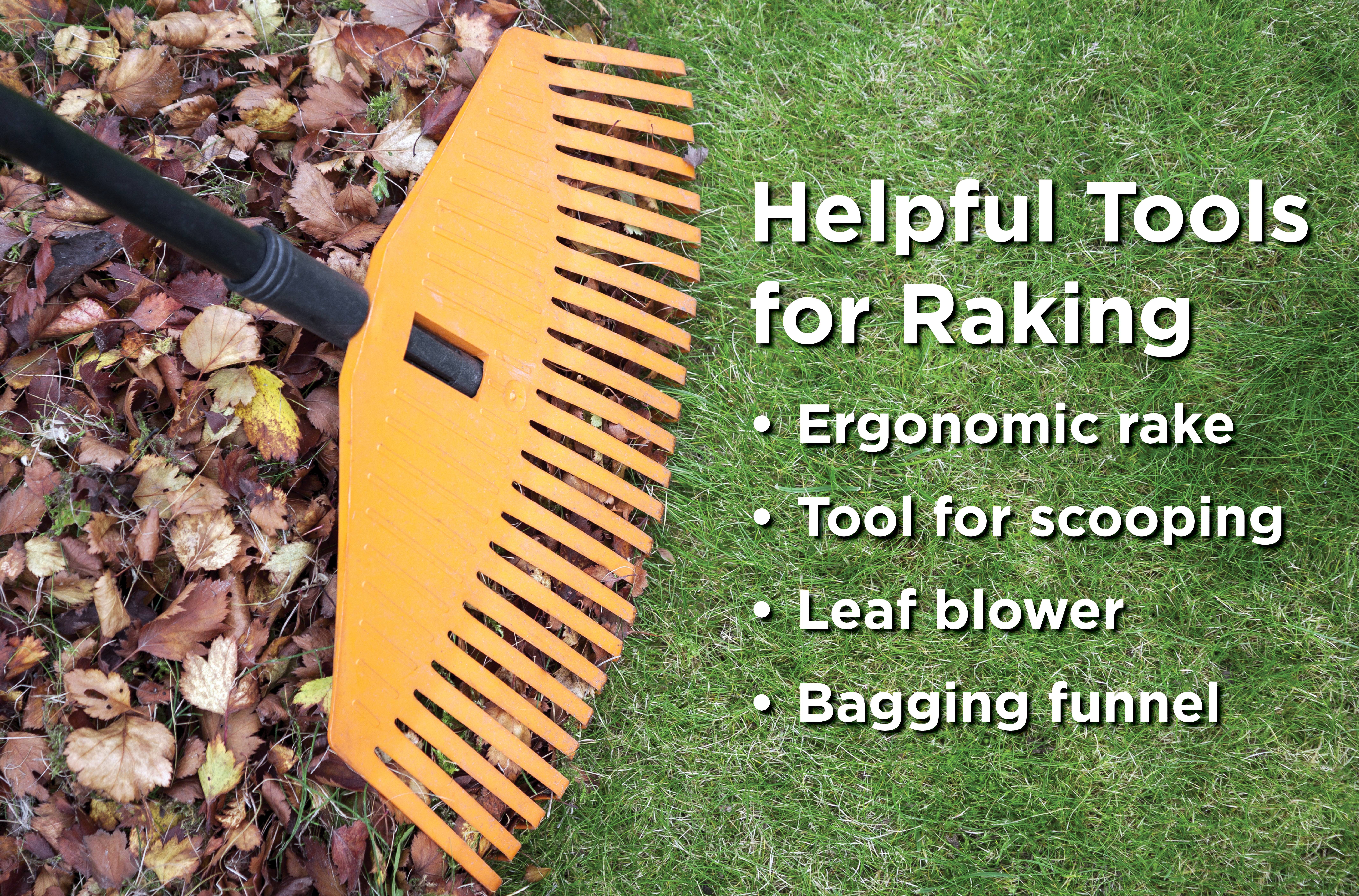 Yellow rake moving pile of leaves revealing green grass beneath list of helpful raking tools