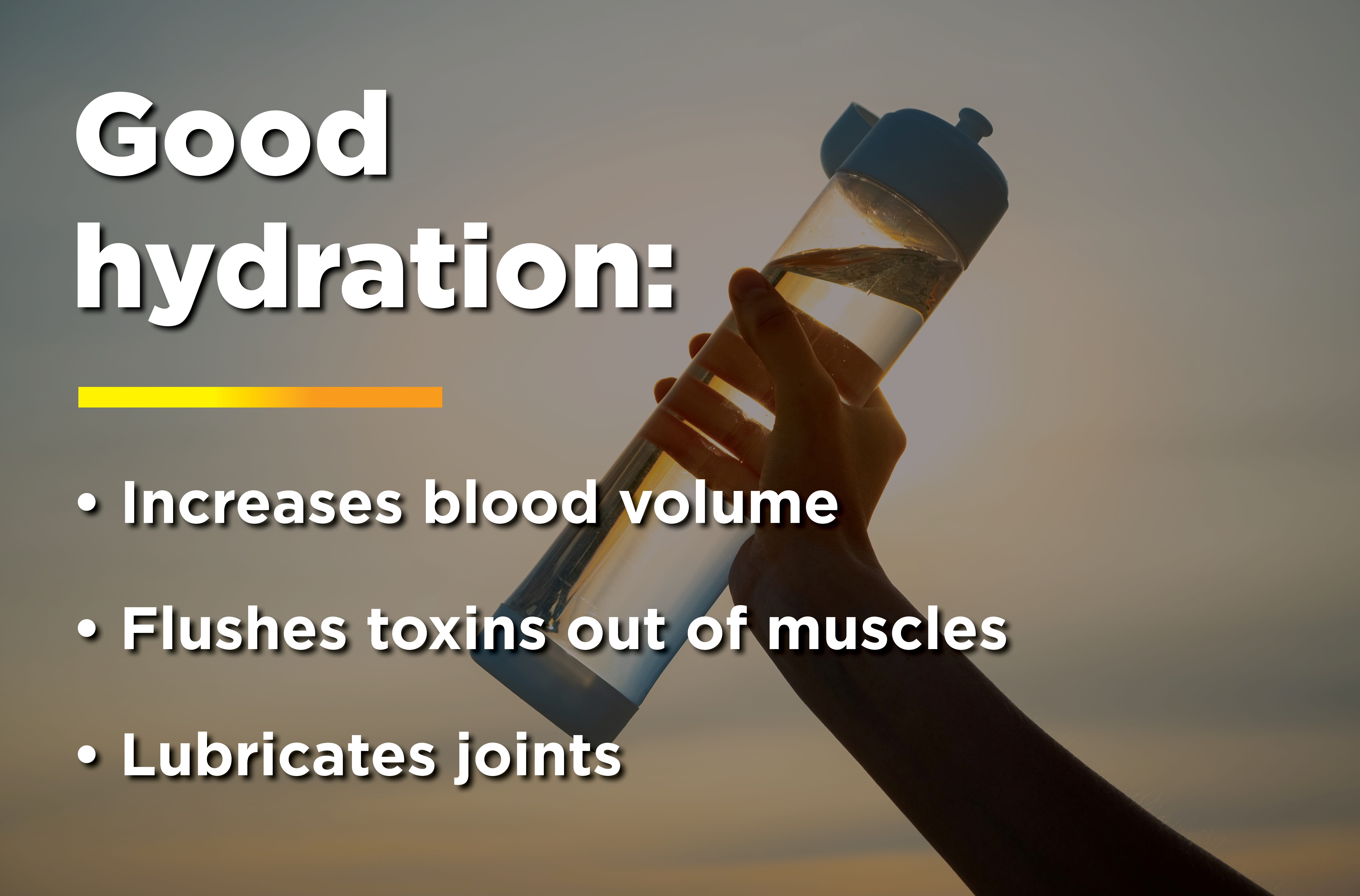 Silhouette of hand holding water bottle next to facts about good hydration
