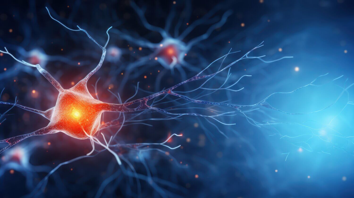 detailed microscopic view of a neuron, highlighting its intricate network of axons and dendrites, with a bright central area suggesting neural activity.